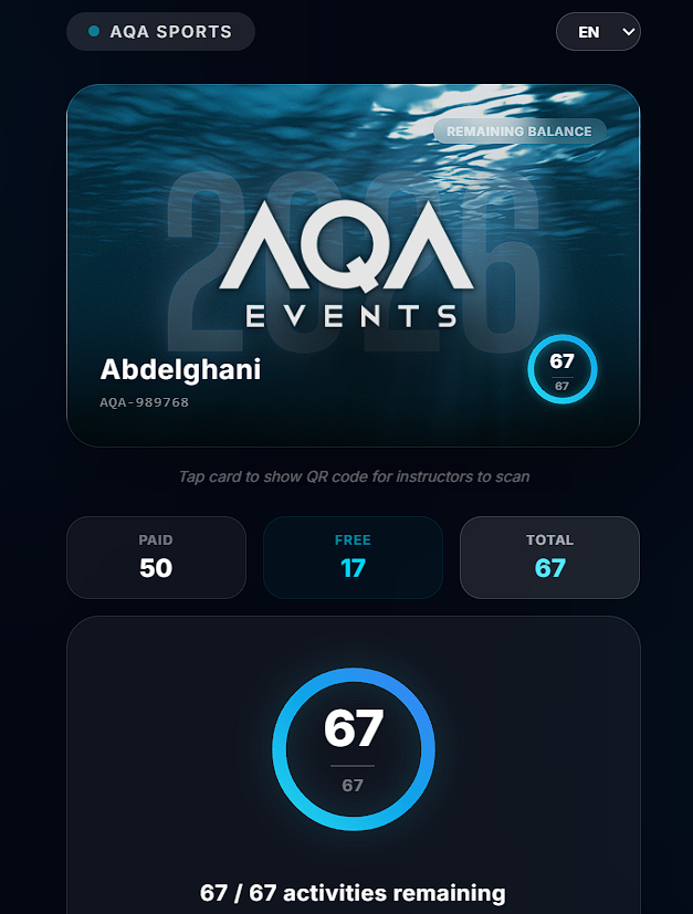 AQA Events Card balance page on mobile